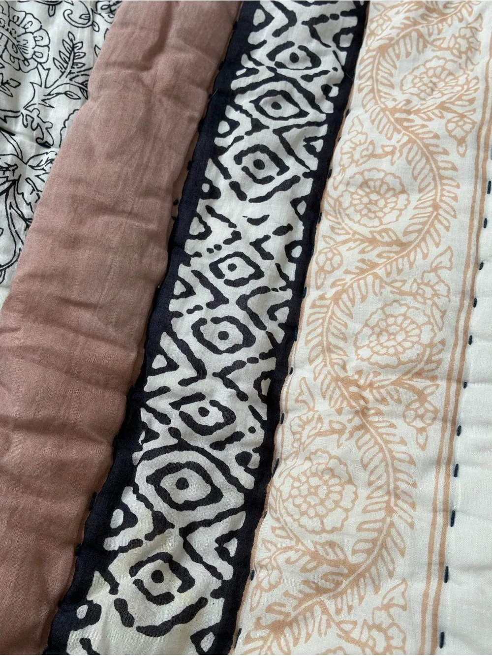 Rachel Zoe Block Print Quilt Set Queen 100% Cotton Floral Mauve Black Reversible